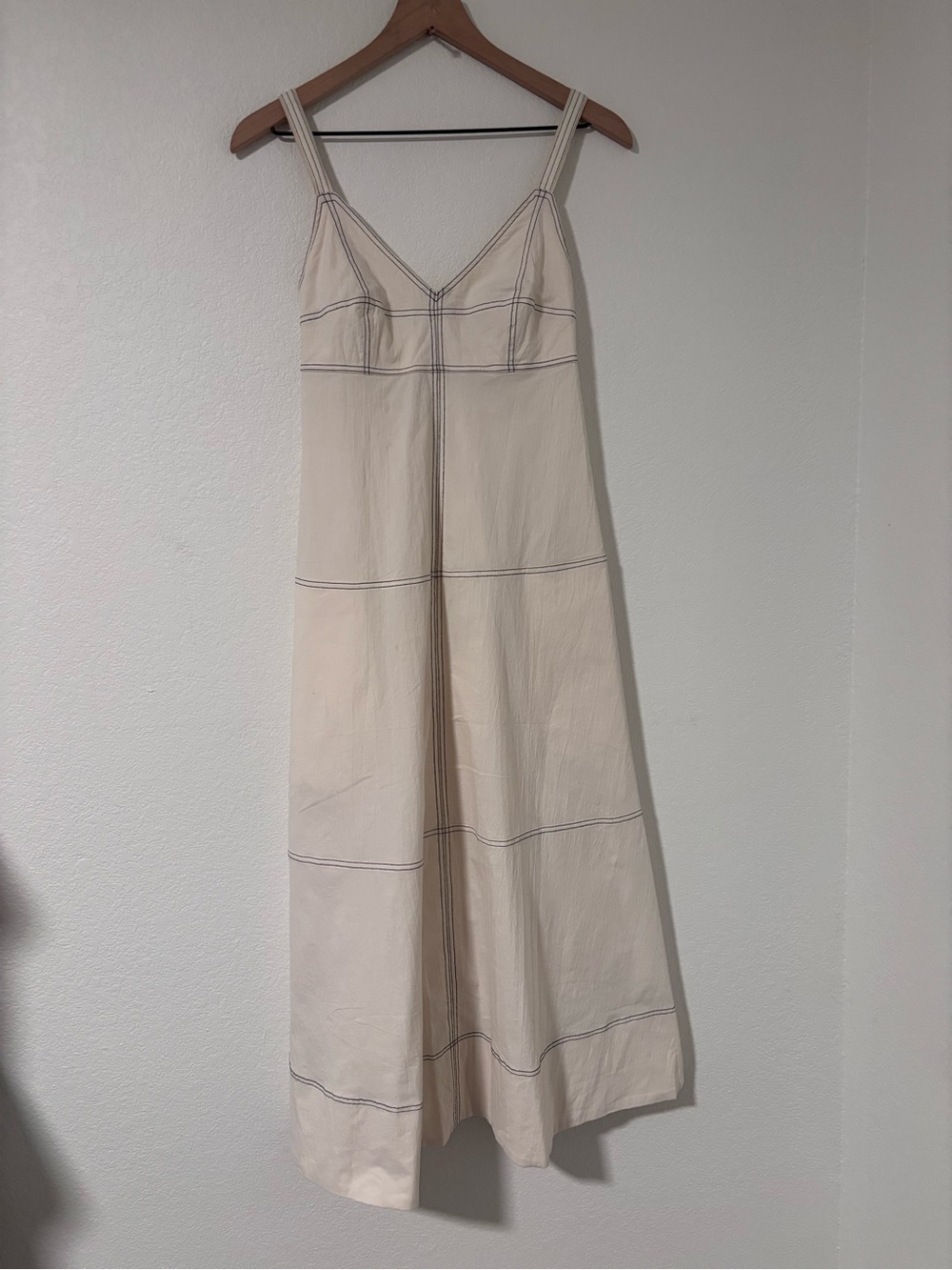 Mango  Cream Vestido Amy Dress V-Neck Strappy Midi Contrast Stitching Sz S NWT